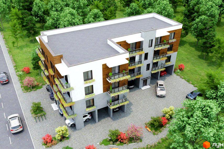 Зовнішній вигляд житлового комплексу Княжий з балконами та парковкою. Навколо будинку зелена зона з деревами та квітами.