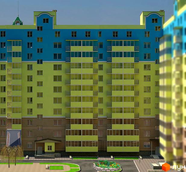 Житловий комплекс Еспланада – багатоповерхова новобудова з яскравим фасадом жовто-блакитного кольору. Навколо будинку облаштована прибудинкова територія з зеленими насадженнями.