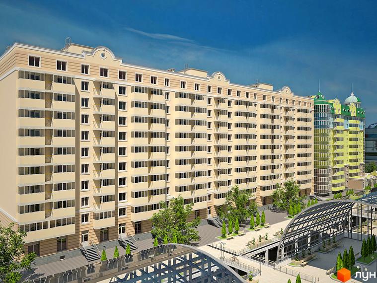 Житловий комплекс Еспланада - це багатоповерхова будівля світло-бежевого кольору з численними балконами та вікнами. Прибудинкова територія облаштована зонами відпочинку та зеленими насадженнями.