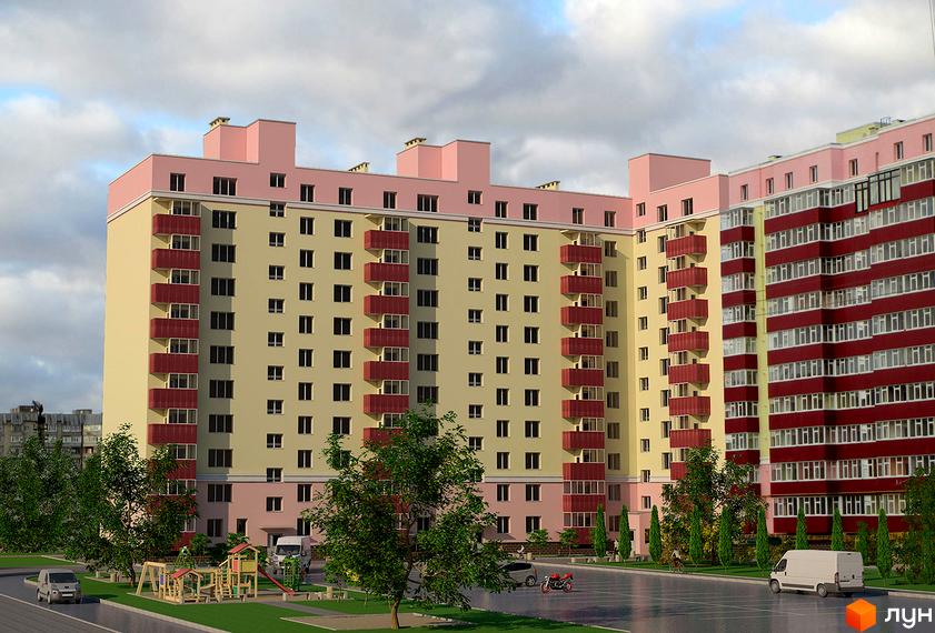 Житловий комплекс Еспланада: багатоповерхові будинки світло-жовтого та червоного кольорів з рожевим оздобленням даху. На прибудинковій території дитячий майданчик, дерева та припарковані автомобілі.