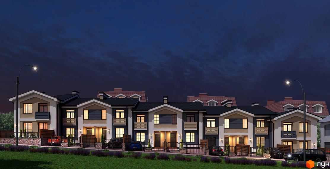 Таунхауси Way Home. Зовнішній вигляд двоповерхових будинків з темними дахами та світлими фасадами вночі. Прибудинкова територія з газоном, квітами та вуличним освітленням.