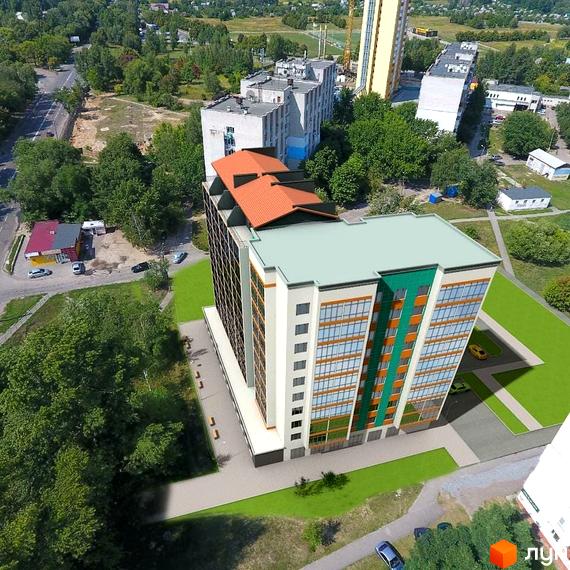 Зовнішній вигляд житлового комплексу Мрія з багатоповерховими будинками та прибудинковою територією з зеленими насадженнями та дорогою.