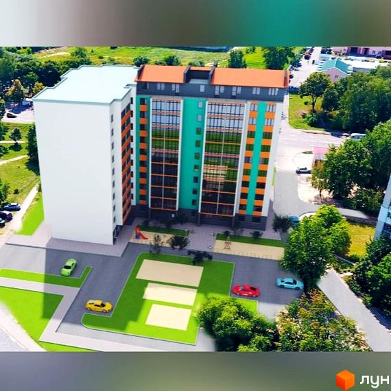 Зовнішній вигляд новобудови ЖК Мрія: біло-зелена фасадна частина з помаранчевими елементами, прибудинкова територія з зеленими зонами та автомобілями.