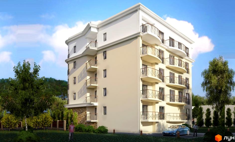 Новобудова ЖК Галицький Млин з балконами та паркуванням. Навколо будинку зелена зона з деревами та парканом.
