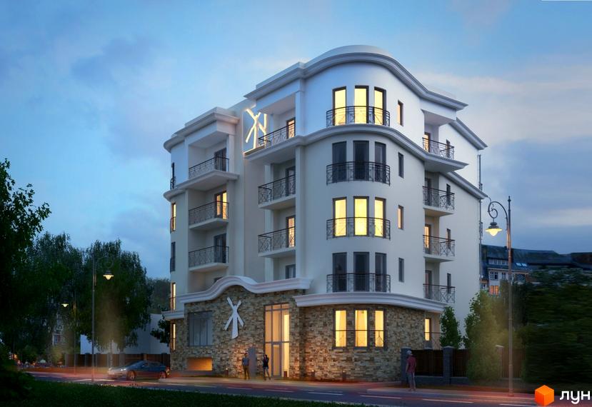 Житловий комплекс Галицький Млин - це біла багатоповерхова будівля з балконами та кам'яним цоколем. Навколо будівлі зелені дерева та освітлена вулиця.