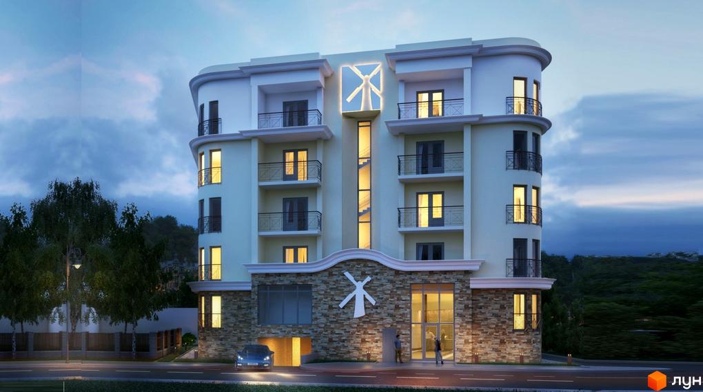 Житловий комплекс Галицький Млин - це сучасна новобудова з виразним фасадом та затишною прибудинковою територією. Будинок має округлу форму, балкони та вишуканий дизайн.