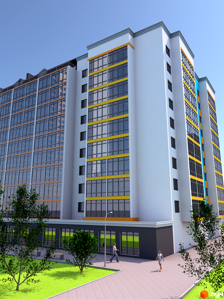 Зовнішній вигляд новобудови ЖК Мрія з панорамними вікнами та жовтими акцентами. На прибудинковій території зелений газон та доріжки.