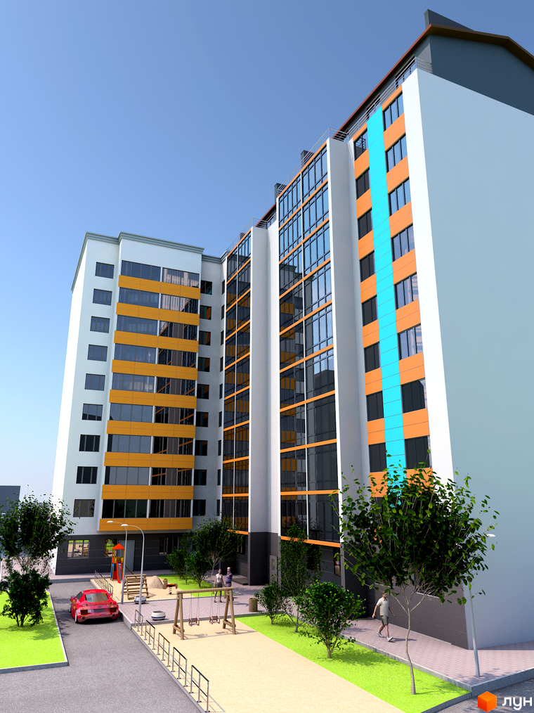 Зовнішній вигляд житлового комплексу Мрія з яскравими фасадами та великою кількістю вікон. Прибудинкова територія облаштована дитячим майданчиком та зеленими зонами.