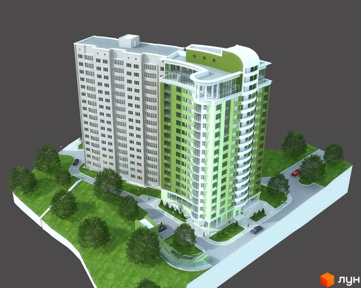 Будівельний проєкт ЖК Волгоградський: висотна будівля з зеленими фасадами та сірою частиною, прибудинкова територія з деревами та дорогою.