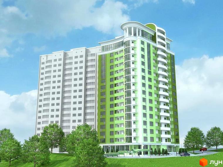 Житловий комплекс Волгоградський – це сучасна новобудова з яскравим зеленим фасадом та білою частиною, що має багато балконів та панорамні вікна. Навколо комплексу розташована доглянута прибудинкова територія з деревами та зеленими насадженнями.