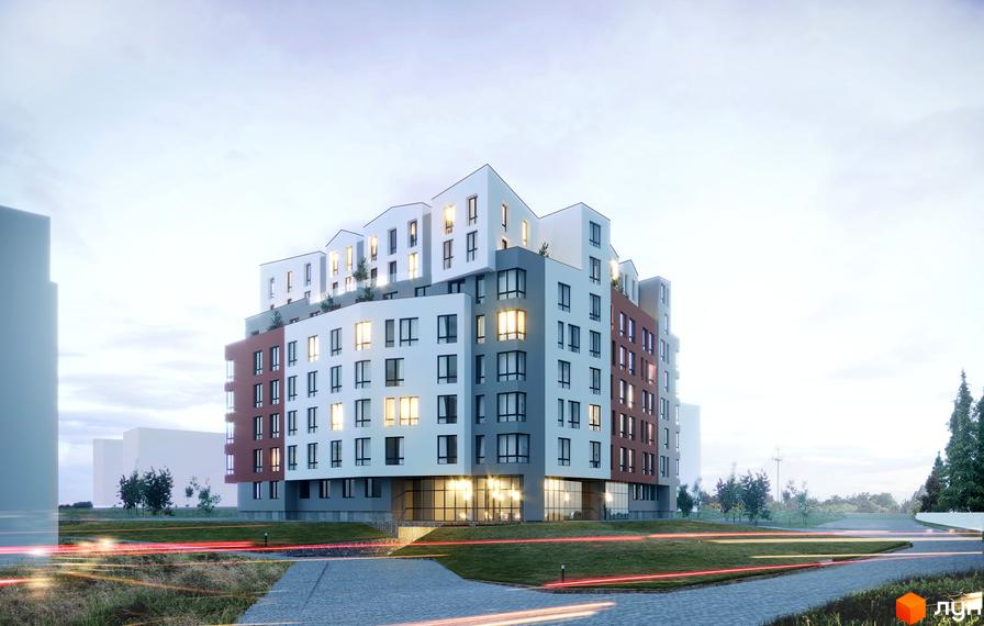 Сучасний житловий комплекс Green Park з багатоповерховими будинками та зеленими зонами. Зовнішній вигляд будівлі вражає своєю незвичайною архітектурою та великою кількістю вікон.