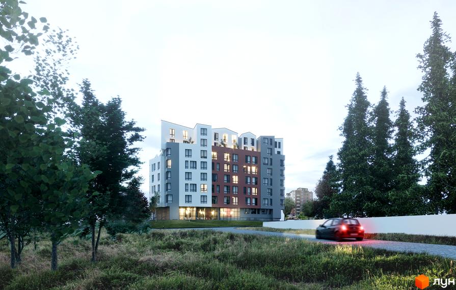 Зовнішній вигляд житлового комплексу Green Park з багатоповерховими будинками та прибудинковою територією з деревами та дорогою. Зелена зона навколо комплексу.