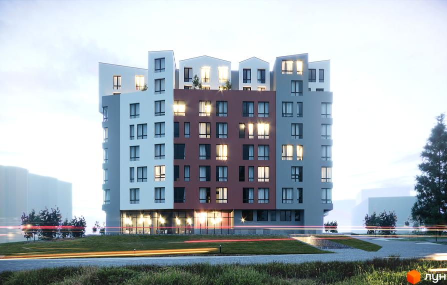 Житловий комплекс Green Park – це сучасна новобудова з фасадами різних кольорів та великими вікнами. Навколо комплексу облаштована прибудинкова територія з зеленими насадженнями та дорогою.