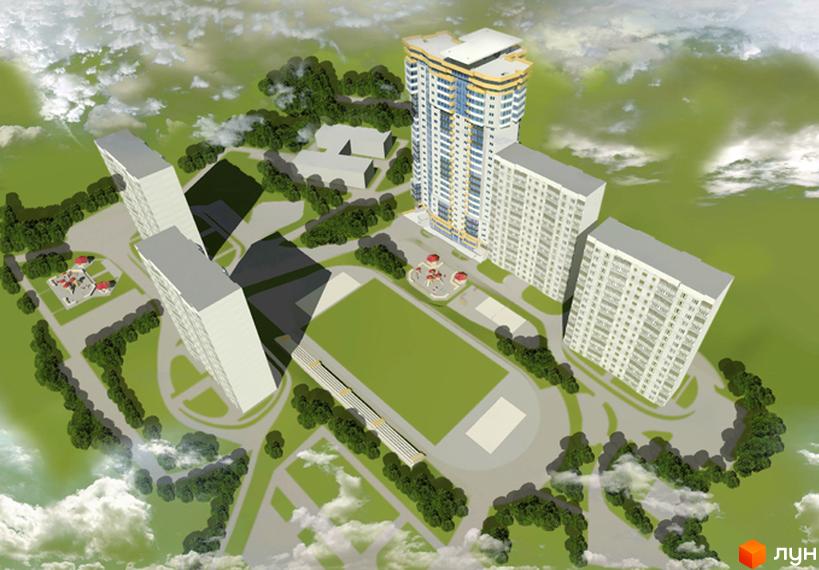 Візуалізація житлового комплексу Волгоградський з висоти пташиного польоту. На зображенні видно кілька багатоповерхових будинків, спортивний майданчик та зелену зону.