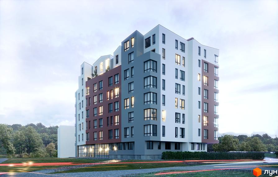 Житловий комплекс Green Park – це багатоповерхова новобудова з фасадами, оздобленими цеглою та сірими елементами. Навколо будівлі розташовані зелені насадження та доглянута прибудинкова територія.