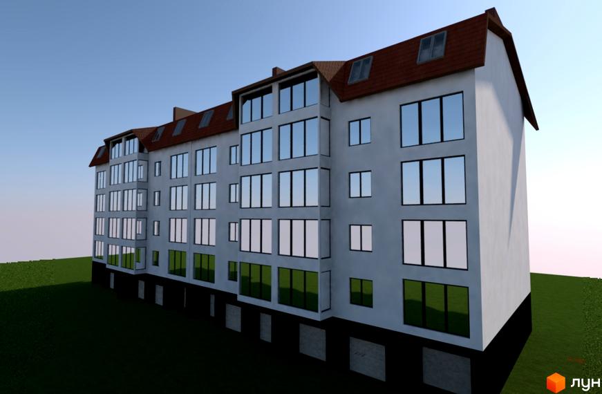 Фасад Житлового комплексу Сонячний: світлий будинок з мансардним дахом, великими вікнами та зеленим газоном навколо.