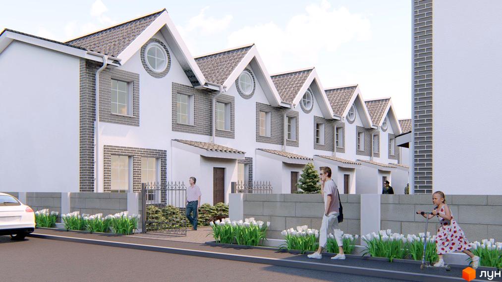 Зображення житлового комплексу з білими будинками з сірими дахами та цегляними вставками. На передньому плані тротуар з людьми та зеленню.