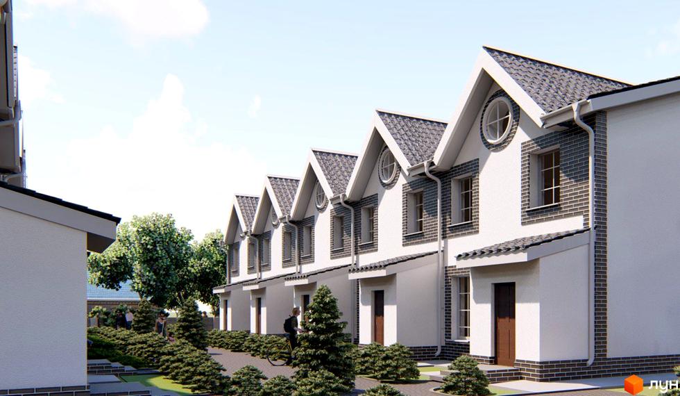 Зображення житлового комплексу таунхаусів. Білі будинки з сірими дахами та цегляною обробкою. Перед будинками доглянута прибудинкова територія з зеленими насадженнями.