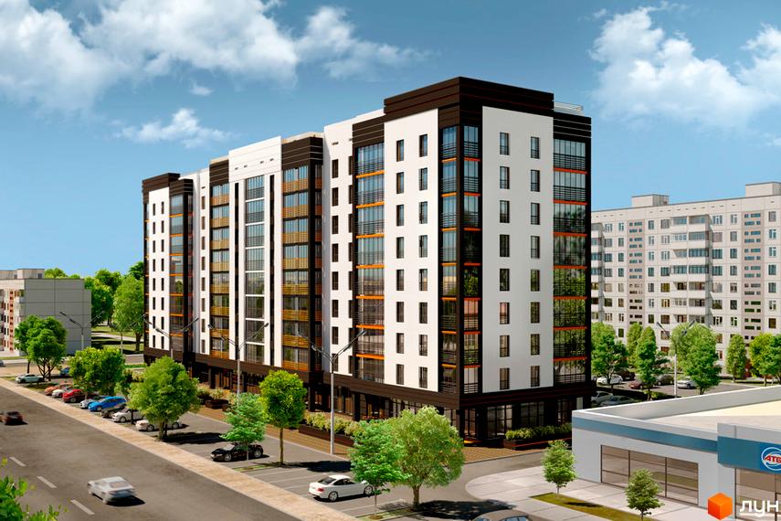 Житловий комплекс Концепт: багатоповерховий будинок з білим та темно-коричневим фасадом. Прибудинкова територія з парковкою та зеленими насадженнями.