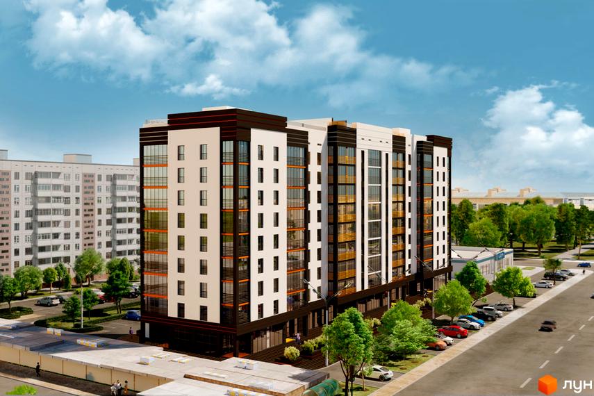 Зображення фасаду багатоповерхового будинку в Житловому комплексі Концепт. Навколо будинку дерева, припарковані автомобілі та дорога.