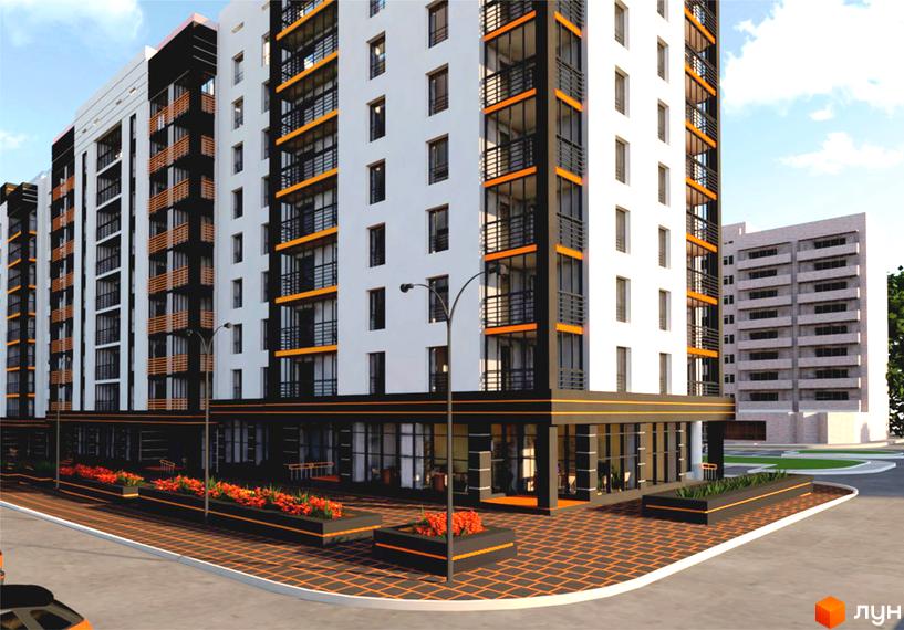 Зображення фасаду та прибудинкової території Житлового комплексу Концепт. Багатоповерховий будинок з балконами та квітниками вздовж тротуару.