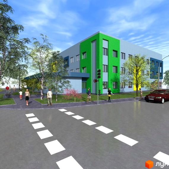 Зовнішній вигляд житлового комплексу Loft House Podol з яскравими зеленими та сірими фасадами. Навколо будівлі розташовані дерева та пішохідний перехід.