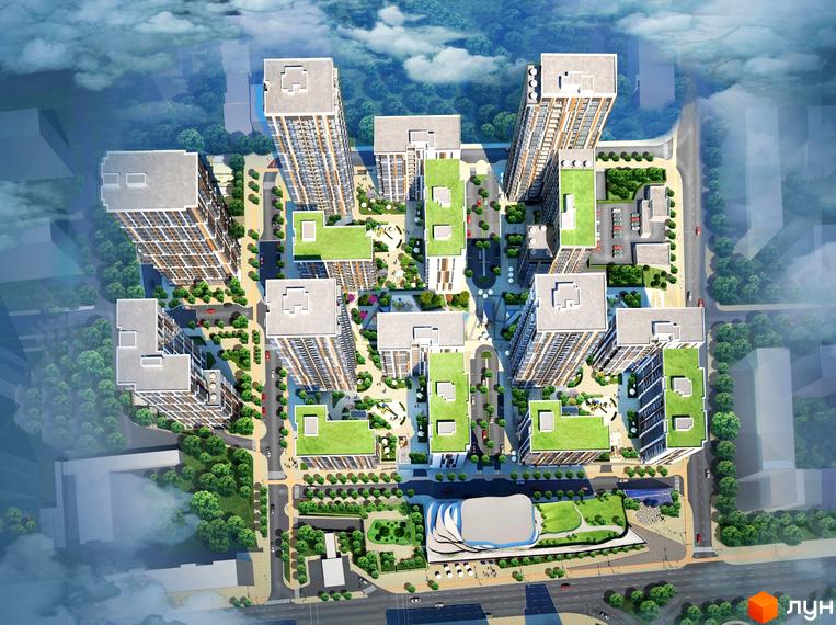 Комплекс Французький квартал 2 - вид зверху на висотні будинки з зеленими дахами та прибудинковою територією з деревами та дитячими майданчиками.