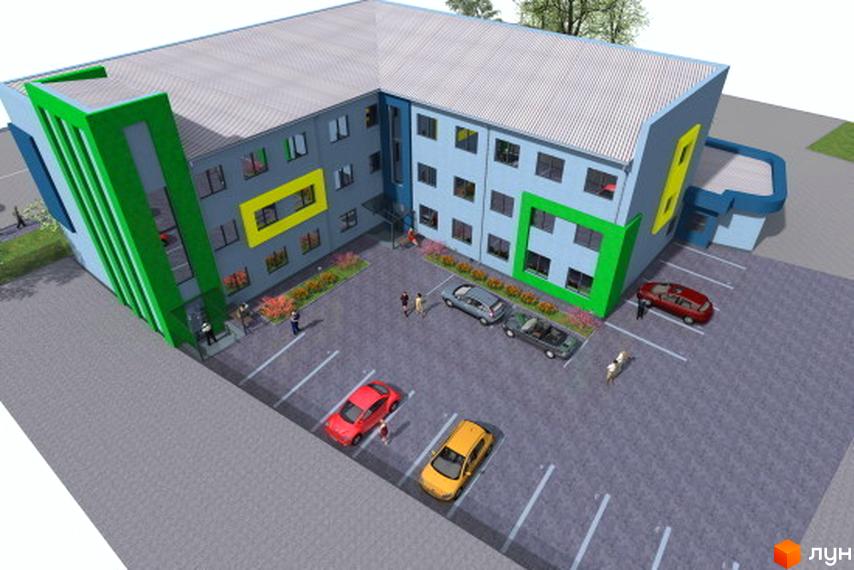 Зовнішній вигляд новобудови Loft House Podol з яскравими зеленими та жовтими елементами. Прибудинкова територія з парковкою та пішохідними доріжками.