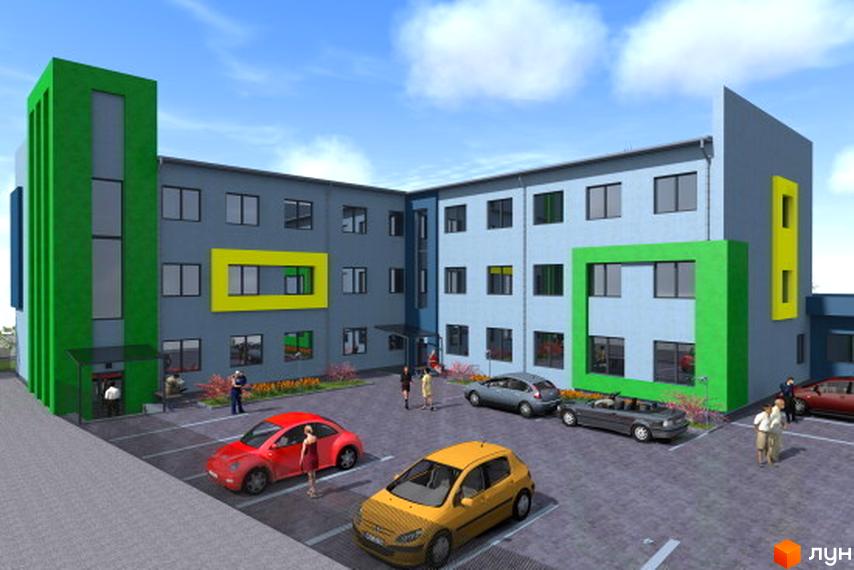 Зовнішній вигляд Loft House Podol: багатоповерховий будинок з яскравими зеленими та жовтими елементами фасаду. Прибудинкова територія з паркуванням та людьми.