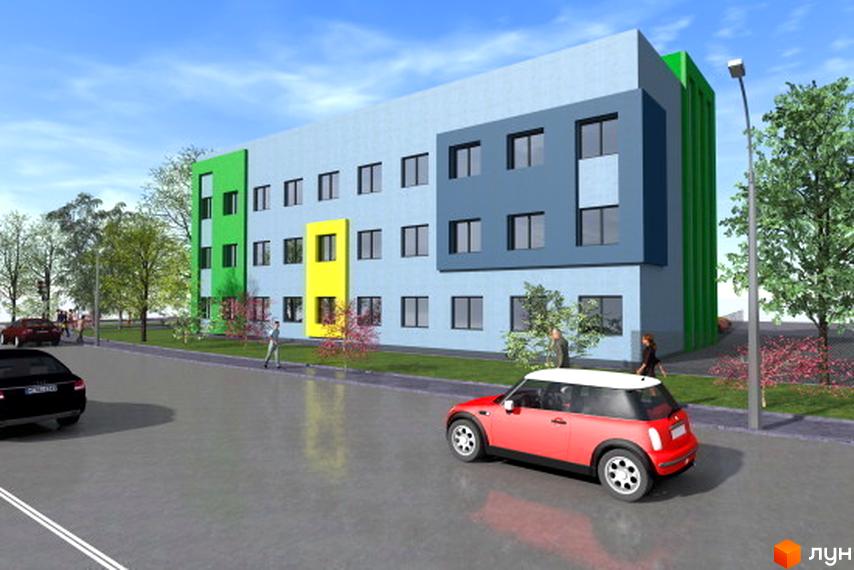 Loft House Podol - новобудова з яскравим фасадом та прибудинковою територією з деревами та дорогою.