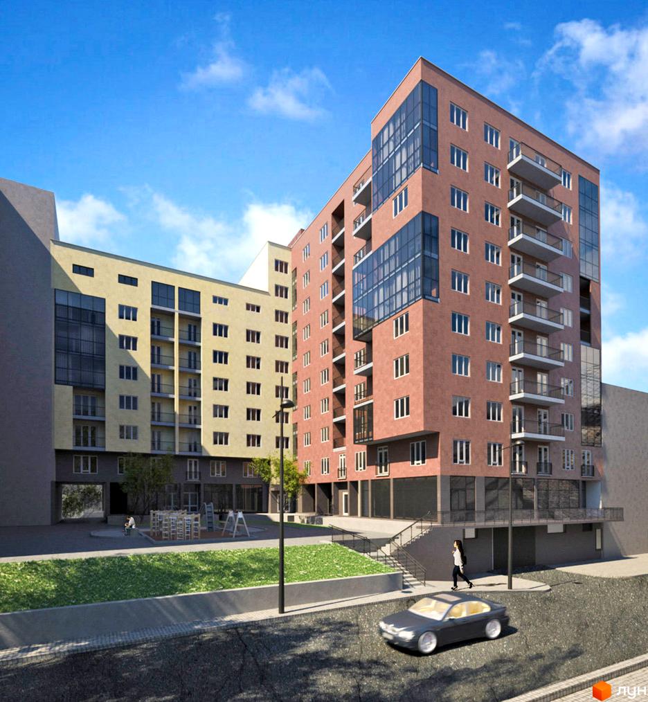 Зовнішній вигляд житлового комплексу на вул. Кругла, 5а, з цегляним фасадом та великими вікнами. Прибудинкова територія з дитячим майданчиком та автомобілем.