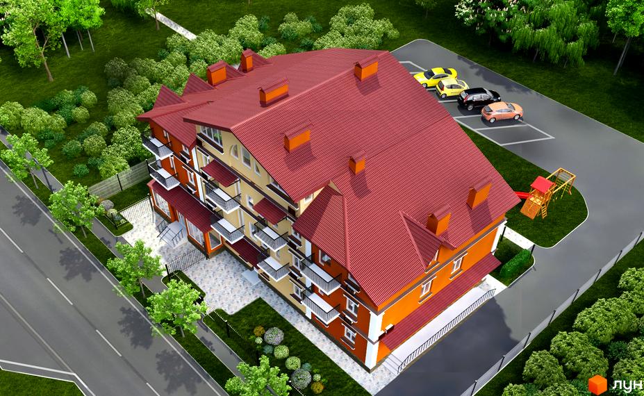 Клубний будинок „На Левадній“ з червоним дахом та жовто-помаранчевими фасадами, поруч парковка з автомобілями та дитячий майданчик.