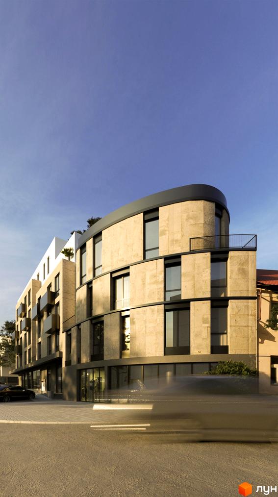 Житловий комплекс Грот – це сучасна новобудова з вигнутим фасадом, оздобленим світлим каменем та великими вікнами. Перед будинком розташована доглянута прибудинкова територія з зеленими насадженнями.