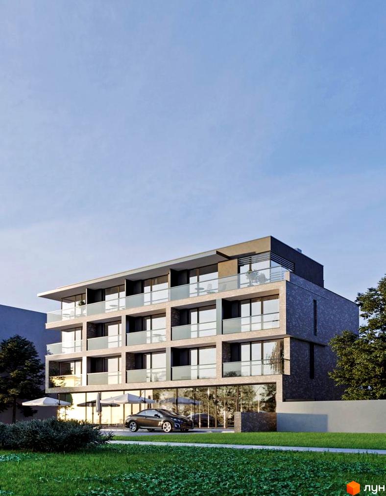 Сучасний житловий комплекс Баб'яка з великими вікнами та балконами, перед яким розташована зелена галявина та автомобіль.