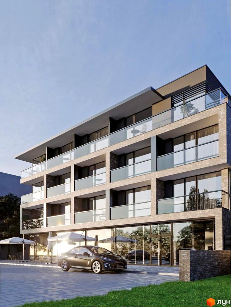 Сучасний житловий комплекс Баб'яка з балконами та скляними фасадами, з автомобілем та парасолями на прибудинковій території.