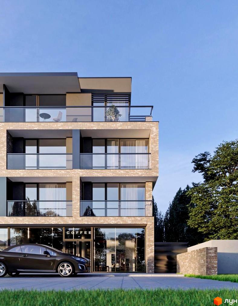 Сучасний житловий комплекс Баб'яка з цегляним фасадом та великими вікнами. На першому поверсі розташована кав'ярня, поруч припаркований автомобіль.