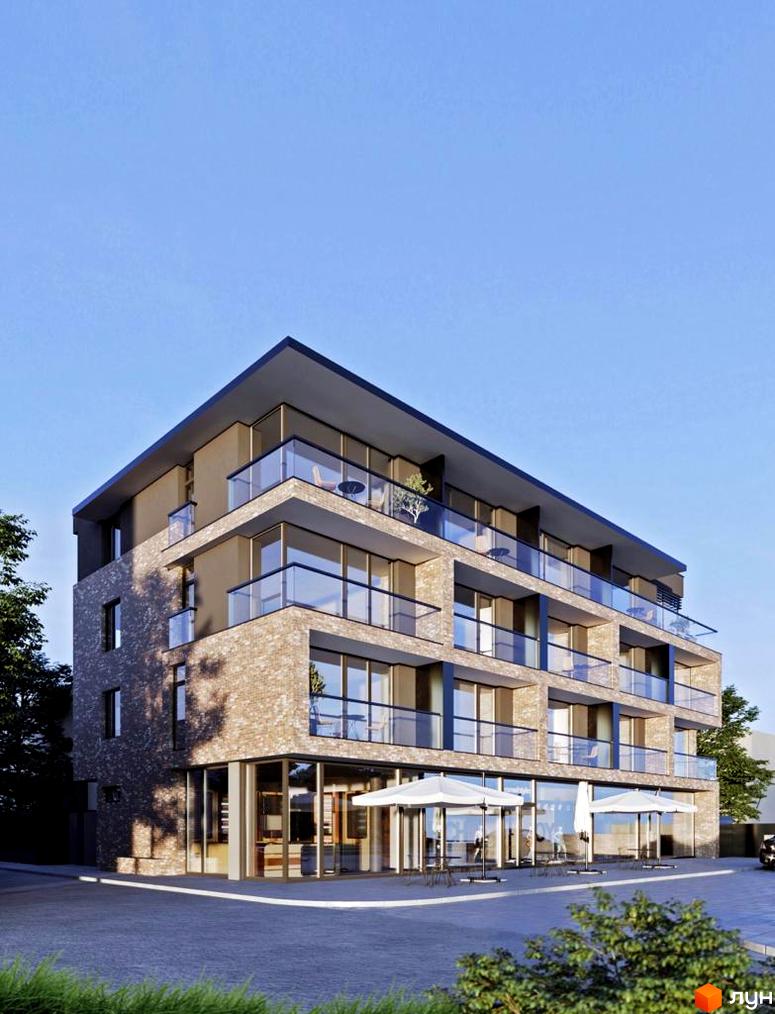 Житловий комплекс Баб'яка - це сучасна новобудова з цегляним фасадом та скляними балконами. На першому поверсі розташовані тераси з парасольками та столиками.