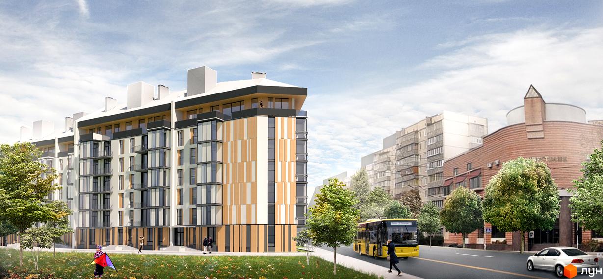 Зовнішній вигляд житлового комплексу Прибалтійський з фасадами, що поєднують світлі та дерев'яні елементи, та прибудинковою територією з деревами та газоном. На вулиці видно автобус та автомобілі.