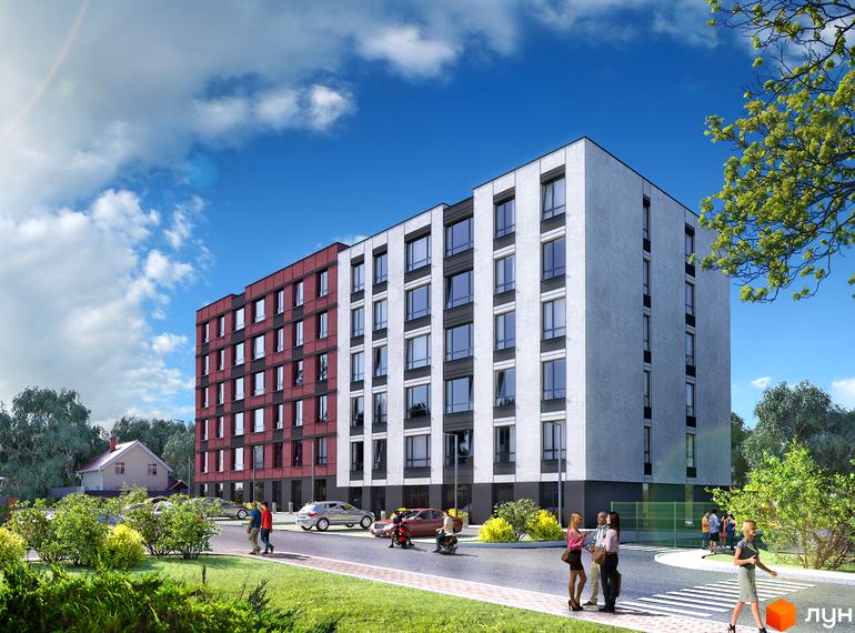 Зовнішній вигляд будинку ЖК Нові Метри Club з червоно-білим фасадом та великою кількістю вікон. На прибудинковій території розташовані дерева, кущі та люди.