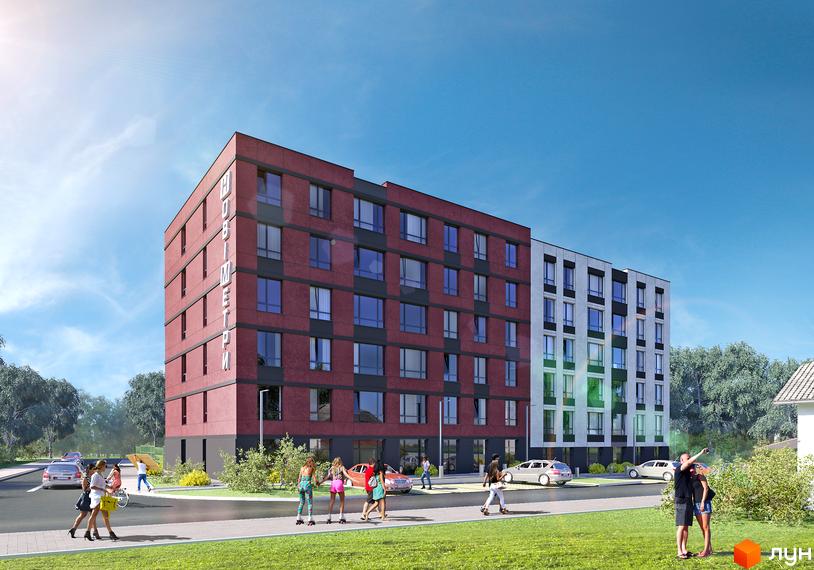 Фасад житлового комплексу Нові Метри Club з червоної та білої цегли, з великими вікнами. Навколо зелена територія з деревами та людьми.