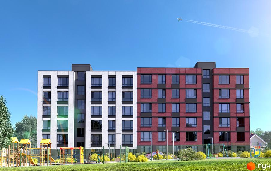 Житловий комплекс Нові Метри Club - це сучасна новобудова з фасадами біло-червоного кольору, розташована на фоні блакитного неба. Територія навколо будинку облаштована дитячим майданчиком та зеленими насадженнями.