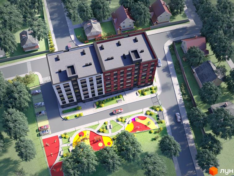 Житловий комплекс Нові Метри Club з червоно-білою фасадною частиною та дитячим майданчиком на прибудинковій території.