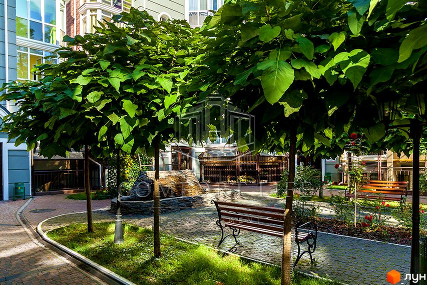 Житловий комплекс Британіка: зелена прибудинкова територія з лавками та деревами. Фасади будівель виконані в світлих тонах.