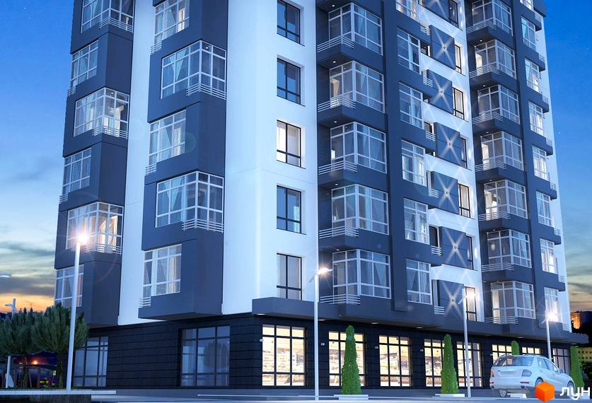 Зовнішній вигляд новобудови ЖК Перлина Парку з великими вікнами та балконами. На прибудинковій території видно освітлення та зелені насадження.