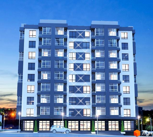 Зовнішній вигляд новобудови ЖК Перлина Парку з великою кількістю вікон та балконів, освітленими вікнами та прибудинковою територією з деревами та ліхтарями.