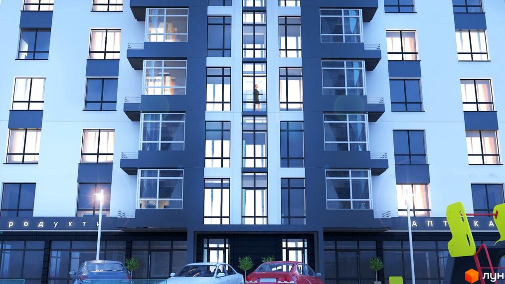 Житловий комплекс Перлина Парку. Фасад новобудови з великою кількістю вікон та балконів. Біля будинку розташована дитяча площадка.