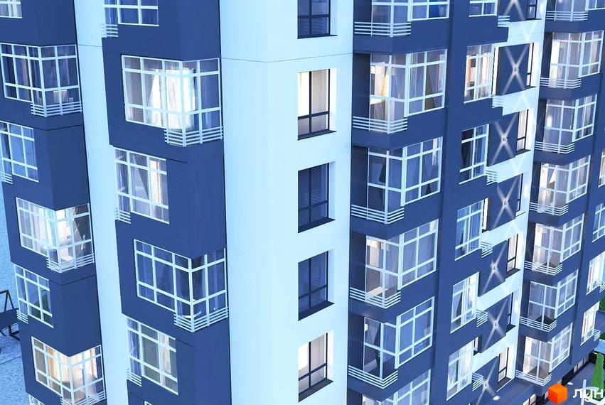 Зовнішній вигляд будинку ЖК Перлина Парку з численними вікнами та балконами. Фото фасаду новобудови.