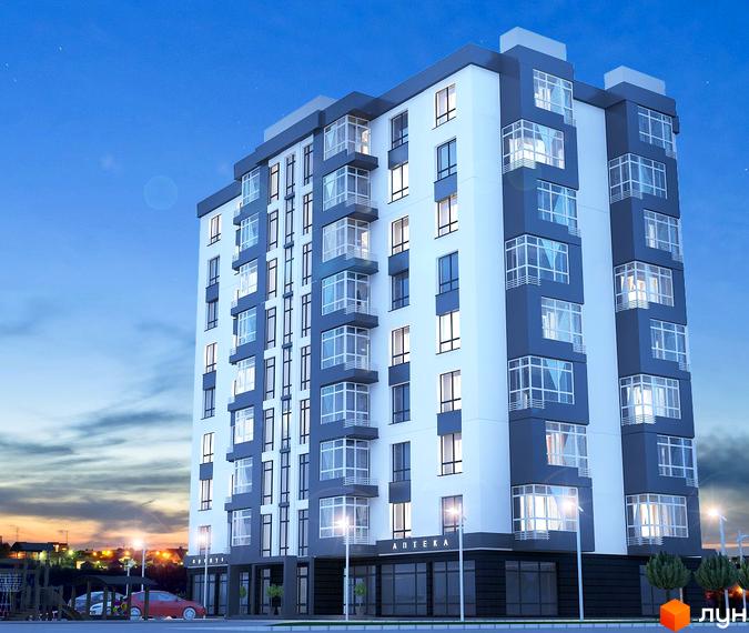 Житловий комплекс Перлина Парку: багатоповерхова новобудова з панорамними вікнами та заскленими балконами. Навколо будинку видно прибудинкову територію з деревами та дитячим майданчиком.