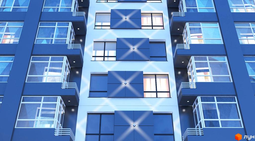 Фасад новобудови ЖК Перлина Парку з великими вікнами та балконами. Зовнішній вигляд будинку з синіми та білими елементами.