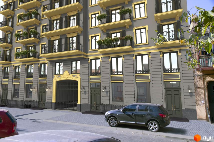 Фасад житлового комплексу Вентімілья з балконами та вікнами. Поруч розташована дорога з автомобілями.